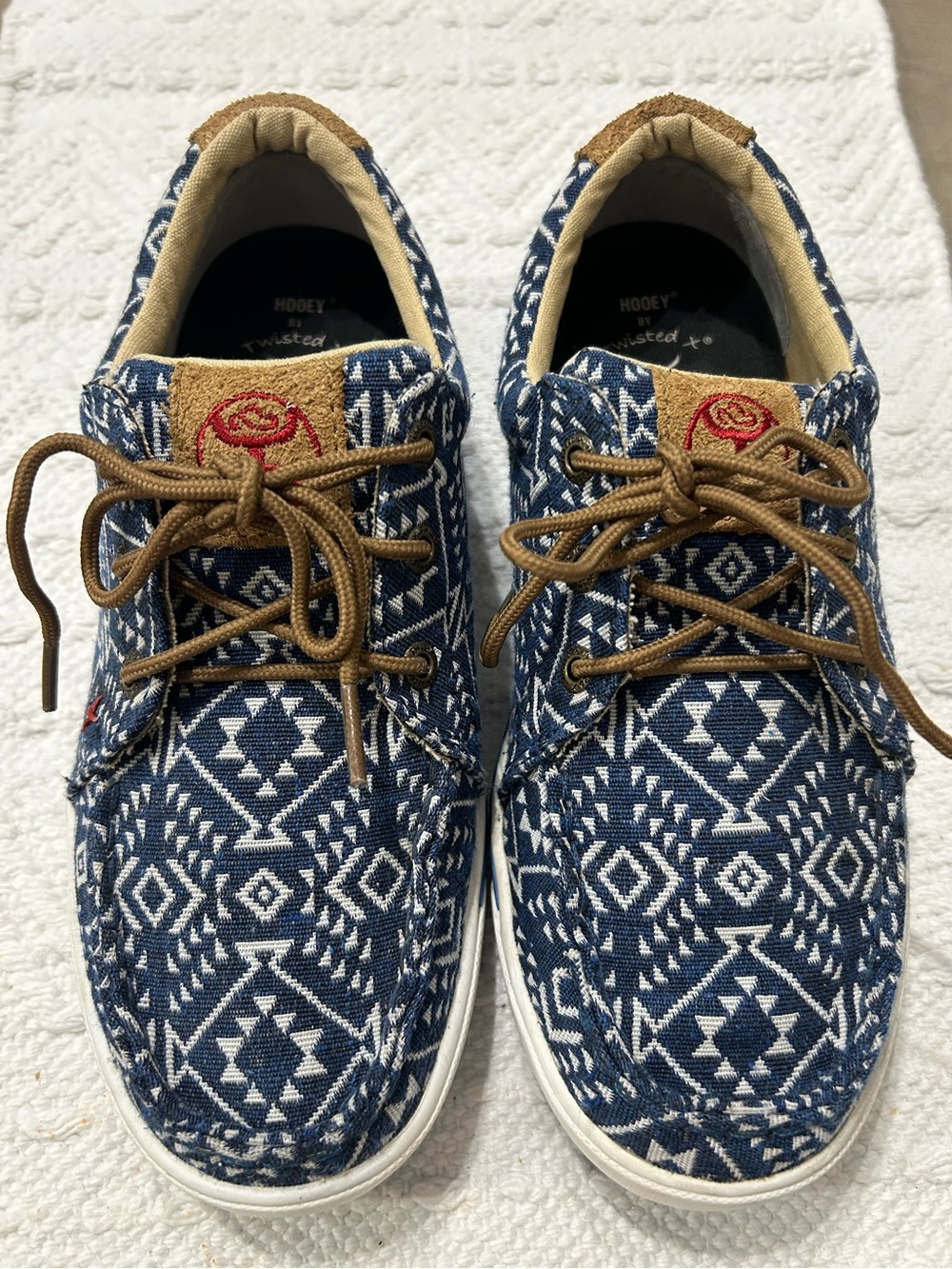 Hooey woman’s  Blue and White Aztec Canvas Boat Shoes with Brown Laces